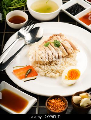 Traditioneller Tontopfreis, serviert mit einer Vielzahl von herzhaften Belägen, darunter knuspriger Schweinebauch, chinesische Wurst, Hackfleisch vom Schwein, sonniges Ei und Blatt Stockfoto