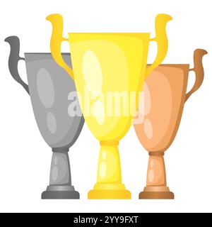 Set von Vektor Trophäen Champion Cups in Gold, Silber und Bronze. Meisterschaftspreise für den ersten, zweiten und dritten Platz. Siegessymbole isoliert auf Witz Stock Vektor