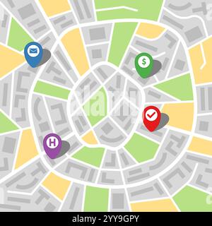 Stadtplan einer imaginären Stadt mit vier Pins. Vektorabbildung. Stock Vektor