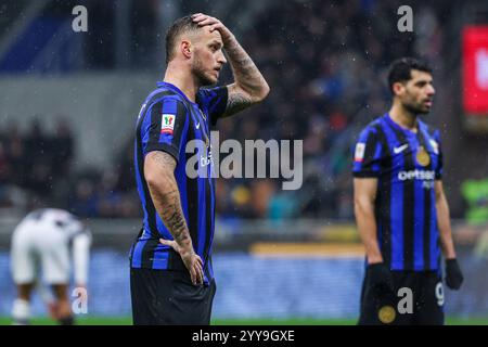 Mailand, Italien. Dezember 2024. Marko Arnautovic vom FC Internazionale reagierte während des Coppa Italia-Fußballspiels 2024/25 zwischen dem FC Internazionale und Udinese Calcio im San Siro Stadium Credit: dpa/Alamy Live News Stockfoto