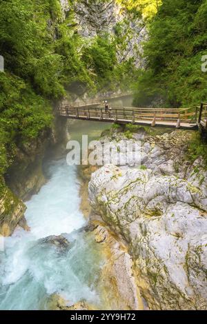 Touristen, die einen malerischen Spaziergang entlang einer hölzernen Fußgängerbrücke über den lebhaften Fluss radovna in der Schlucht vintgar in slowenien genießen Stockfoto