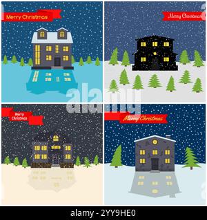 Set aus vier Vektorillustration mit Winternacht, einsamen Häusern und roten Bändern mit der Inschrift Happy Christmas. Stock Vektor