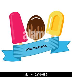Drei verschiedene Eissorten in blauem Band mit der Aufschrift „Ice Cream“. Vektorabbildung Stock Vektor