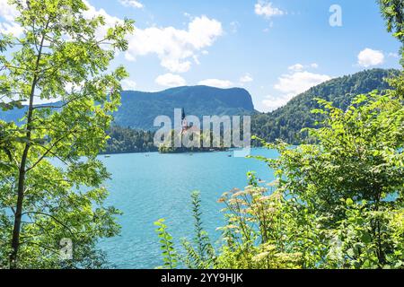 Wunderschöner Blick auf den See Bled mit der Wallfahrtskirche der Himmelfahrt auf einer kleinen Insel und Bled Castle auf einer Felsenklippe im Hintergrund Stockfoto