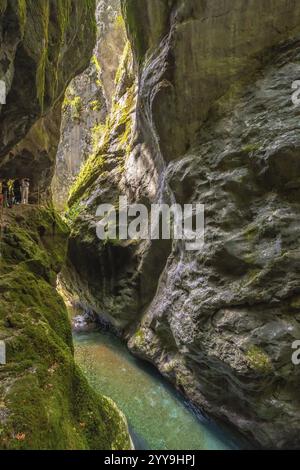 Touristen wandern auf einem Holzweg und entdecken die atemberaubenden tolmin-Schluchten in slowenien, umgeben von üppigem Grün und fließendem Wasser Stockfoto