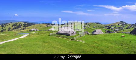 Traditionelle hölzerne Hirtenhütten verstreut über das malerische Plateau von velika planina, eingerahmt von den kamnik savinja alpen unter einem Sommerhimmel Stockfoto