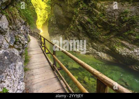 Der malerische Holzsteg schlängelt sich durch die vintgar-Schlucht und zeigt atemberaubende smaragdgrüne Gewässer und üppige Schluchtwände in slowenien Stockfoto