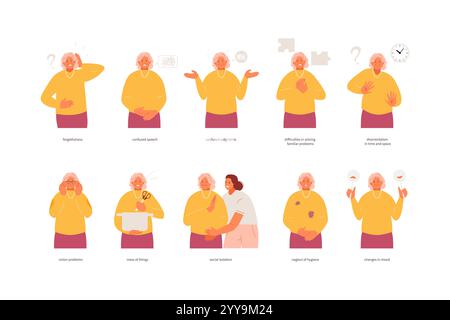 Ältere Frau mit Symptomen der Alzheimer-Krankheit. Gedächtnisverlust, senile Demenzvektorillustration Stock Vektor