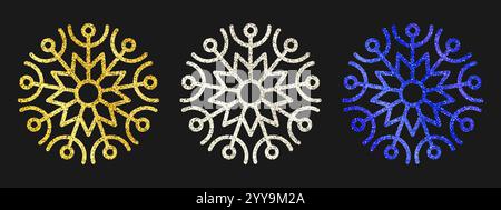 Glitzernde Schneeflocken auf dunklem Hintergrund. Set aus drei goldenen, silbernen und blauen Glitzer-Schneeflocken. Dekorationselemente für Weihnachten und Neujahr. Vektorillu Stock Vektor