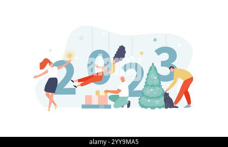 Fröhliche Geschäftsleute feiern das neue Jahr 2023 und Weihnachten. Vektorabbildung Stock Vektor
