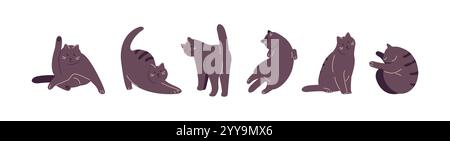 Cartoon-schwarze Katzen in verschiedenen Positionen und Emotionen. Vektorillustration auf weißem Hintergrund isoliert Stock Vektor
