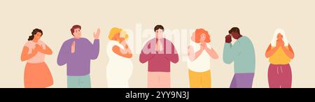 Betende Menschen erleben Liebe, Hoffnung, Verzweiflung. Religion und glaube, sich Gott zuwenden, Krise, Problemlösung, Meditation Vektor-Illustration Stock Vektor