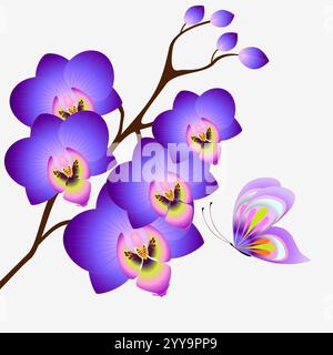 Floraler Hintergrund mit Orchideen und Schmetterling, Designelement. Stock Vektor