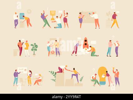 Geschäftsleute im Büro. Arbeitsmomente im Büroleben. Team und Zusammenarbeit. Vektorillustrationssatz Stock Vektor