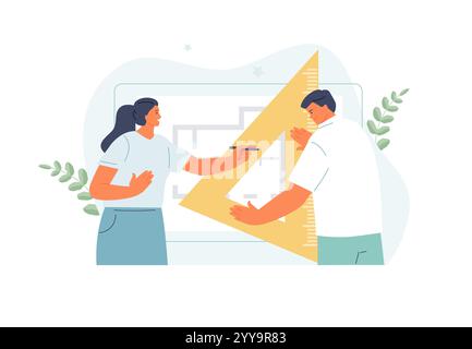 Junger Architekt und Designer arbeiten mit einer Zeichnung. Ingenieur, Bauingenieur, Studenten. Vektorabbildung Stock Vektor