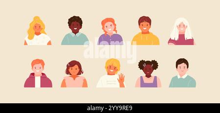 Avatars Kinderset. Lächelnde Kinder Jungen und Mädchen mit verschiedenen Frisuren und Aussehen Vektor Illustration Stock Vektor