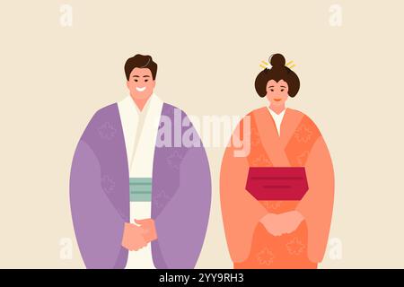 Japaner in traditionellen Nationalkostümen. Willkommen bei Japan Vektor-Illustration Stock Vektor