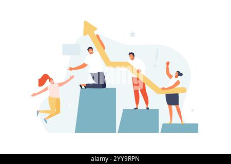 Happy People Team hält einen Pfeil. Unternehmenswachstum und Erfolgskonzept. Investitionen und höhere Gewinne. Vektorwebabbildung Stock Vektor