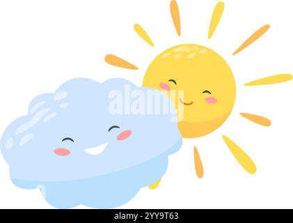 Die Sonne und die Wolke der Zeichentrickfilme lächeln in dieser farbenfrohen Illustration, perfekt für Kinderbücher, Grußkarten oder jedes Projekt, das einen Hauch von Witz braucht Stock Vektor