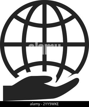 Stilisierte Schwarz-weiß-Vektor-Illustration einer Hand, die einen Globus hält und globale Verantwortung, Umweltschutz und nachhaltige Entwicklung repräsentiert Stock Vektor