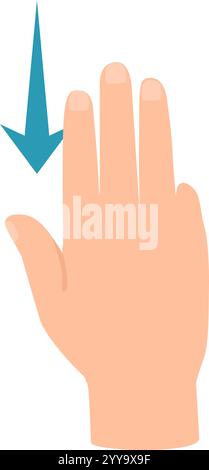 Cartoon-Hand, die mit drei Fingern nach unten scrollt, wobei ein großer blauer Pfeil nach unten in die Nähe zeigt, was über einen Touchscreen oder ein Touchpad dargestellt wird Stock Vektor