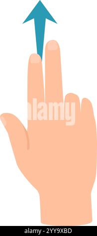 Die Zeichentrickhand wischt mit zwei Fingern nach oben, angezeigt durch einen blauen Pfeil, der das Scrollen, Durchsuchen oder Navigieren auf einem Touchscreen symbolisiert. Perfekt für die Illustration mobiler Interaktionen Stock Vektor