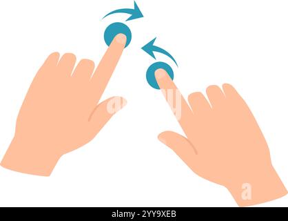 Zwei Hände verwenden Zeigefinger, um zwei virtuelle interaktive Tasten zu drehen, was eine benutzerfreundliche Oberfläche und intuitive Steuerung in einer digitalen Umgebung symbolisiert Stock Vektor