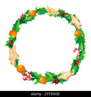 Ein Weihnachtskranz aus stechpalmenblättern, Zitrusmandarinen, klassisch gestreiften Bonbons und sternförmigen Lebkuchenkeksen, Aquarellillustration, Stockfoto