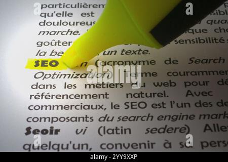 Definition des Akronyms SEO (Search Engine Optimization), das in einem französischen Wörterbuch hervorgehoben wird. Stockfoto