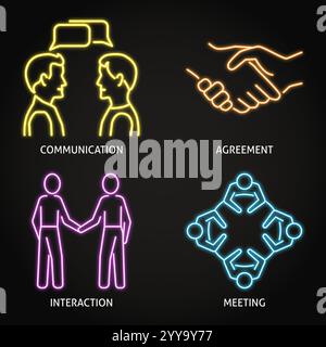 Neonsymbole für Kommunikation und Meeting. Vereinbarung, Dialogsymbole. Vektorabbildung Stock Vektor