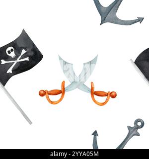 Jolly Roger winkt über überkreuzte Klingen und einen eisernen Anker, der einen furchtlosen Geist der Erkundung verkörpert. Dieses Piraten-Aquarellmuster passt zu Einladung Stockfoto