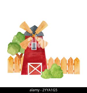 Die rote Windmühle steht inmitten üppiger grüner Bäume, die von einem rustikalen Holzzaun und Aquarellbildern umgeben sind, um den Charme der pastoralen Landschaft einzufangen Stockfoto