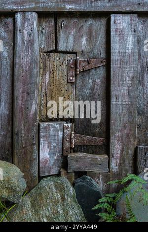 Detail einer alten Wand aus Holzresten. Es hat zwei Scharniere und viele Strukturen. Schönes Bild für Hintergründe Stockfoto