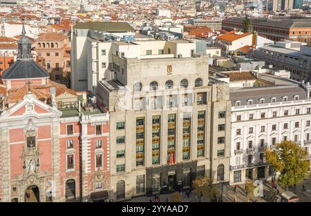 Luftaufnahme, Stadtbild von Madrid, Spanien. Gran Via, Haupteinkaufsstraße in Madrid, Spanien. Stockfoto