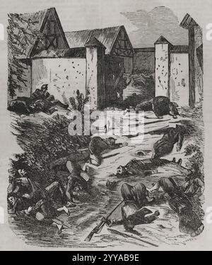 Deutsch-Französischer Krieg (1870–1871). Schlacht von Wissembourg, 4. August 1870. Eroberung von Wissembourg durch preußische Truppen. Eintritt zum Schloss Geisberg am 4. August 1870. Gravur. Historia de la Guerra de Francia y Prusia (Geschichte des Krieges zwischen Frankreich und Preußen). Band I. veröffentlicht in Barcelona, 1870. Stockfoto