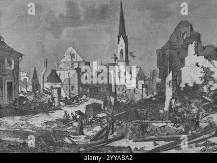 Deutsch-Französischer Krieg (1870–1871). Die Hauptstraße der Stadt Kehl, gegenüber Straßburg, nach der Bombardierung durch französische Artillerie. Gravur von Capuz. Historia de la Guerra de Francia y Prusia (Geschichte des Krieges zwischen Frankreich und Preußen). Band I. veröffentlicht in Barcelona, 1870. Stockfoto