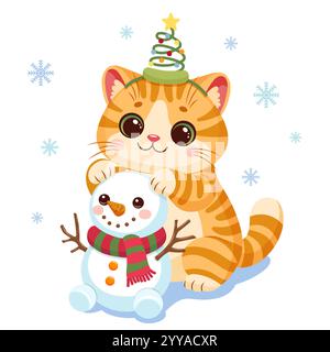 Vektor-Illustration der entzückenden Weihnachtsorangenkatze, die einen netten Schneemann mit einem Schal und Zweigen baut Stock Vektor