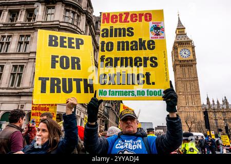 Landwirte und ihre Unterstützer, die über die neuen Änderungen der Erbschaftssteuer der Regierung wütend sind, demonstrieren vor den Houses of Parliament in London, Großbritannien. Stockfoto