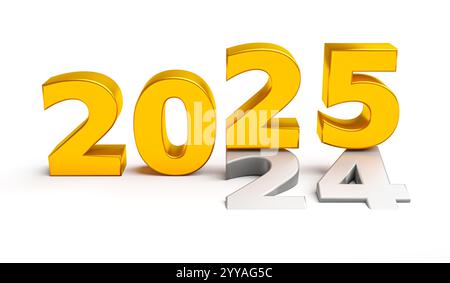 Neujahrsferienkonzepte. Die Nummer 2025 über die alte 2024 isoliert auf weiß Stockfoto