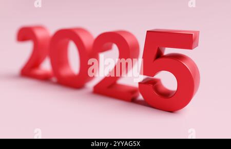 Nummer 2025. Neujahrsferienkonzept in roter Farbe und defokussierter Wirkung. Die Nummer 5 steht im Fokus Stockfoto