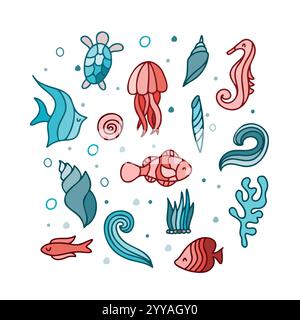 Farbenfrohe Unterwasserwelt-Vektor-Illustrationen. Set von Meerestieren Stock Vektor