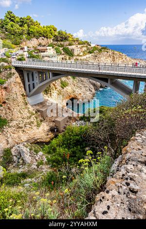 Malerische Bucht namens Ciolo mit Badenden und einer Betonbrücke, in der Gemeinde Gagliano del Capo, Provinz Lecce, Salento, Apulien, Italien Stockfoto