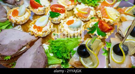 Eine wunderschön angeordnete Platte bietet eine Vielzahl von Gourmet-Vorspeisen, darunter zarte Köstlichkeiten von Meeresfrüchten, cremige Aufstriche, frisches Gemüse und c Stockfoto