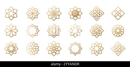 Sammlung arabischer orientalischer Vektorelemente. Traditionelle goldene Arabesken-Ikonen, Ornamente und Muster. Abstrakte Blumensymbole und Logos in Stock Vektor