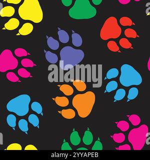 Niedliche bunte Hundepfoten Drucke mit Klauen auf schwarzem, nahtlosem Vektormuster Hintergrund Scrapbook. Vektorabbildung Stock Vektor
