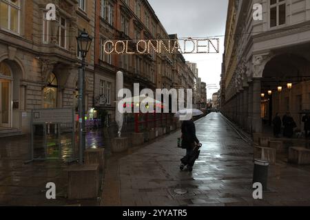 Eine Frau geht bei Hamburger Schietwetter mit einem Regenschirm in die fast menschenleeren Colonnaden hinein. Neustadt Hamburg *** Eine Frau mit Schirm geht in die fast einsamen Kolonnaden in Hamburgs schlechtes Wetter Neustadt Hamburg Stockfoto