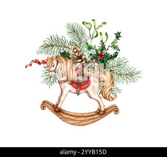 Schaukelpferd Spielzeug mit Tannenzweigen, Tannenzapfen, stechpalme, Mistel, Beeren Aquarellillustration. Vintage-Tier für Kinder Unterhaltung isoliert Stockfoto