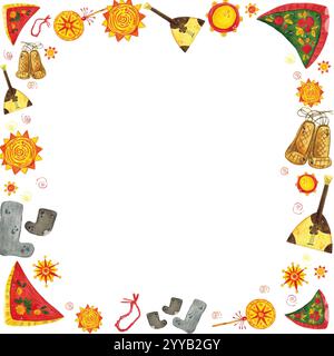 Quadratischer Rahmen, Banner für Text. Handgezeichnete Aquarellillustration. Maslenitsa Urlaub, Fasching, Karneval, Maslenitsa, Mardi Gras, Faschingsdienstag Stockfoto
