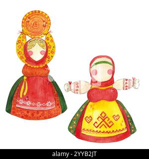 Ein Set heller Ritualpuppen für den Maslenitsa-Urlaub. Aquarellillustration handgezeichnet im Cartoon-Stil. Maslenitsa, Bright, Cartoon, Puppe, Ribbo Stockfoto