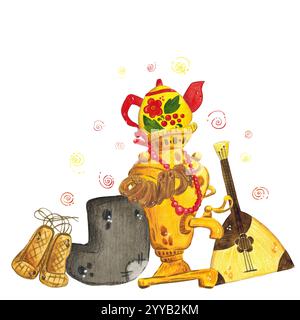Aquarellkomposition für den Urlaub von Maslenitsa. Samovar, Filzstiefel, Balalaika, Bastschuhe. Aquarellillustration handgezeichnet im Cartoon-Stil Stockfoto